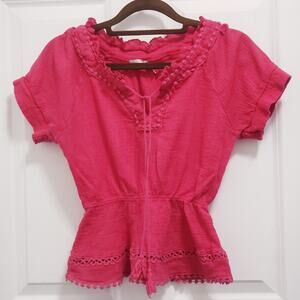 Max Cotton Vintage-Style Magenta Textured Ruffle Blouse Small #A96PJ
